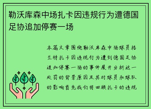 勒沃库森中场扎卡因违规行为遭德国足协追加停赛一场