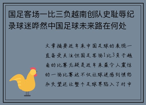 国足客场一比三负越南创队史耻辱纪录球迷哗然中国足球未来路在何处 国足客场一比三负越南创队史耻辱纪录球迷哗然中国足球未来路在何处
